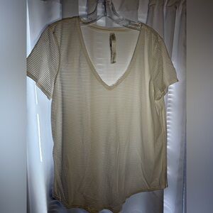 LULULEMON White Semi-Sheer Striped  V-Neck  T-Shirt Sz I2